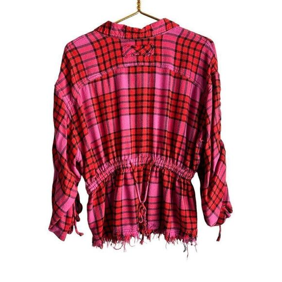 Free People Pacific Dawn Plaid Shirt Women's M Red Pink Wool Blend Long Sleeve - Picture 2 of 5